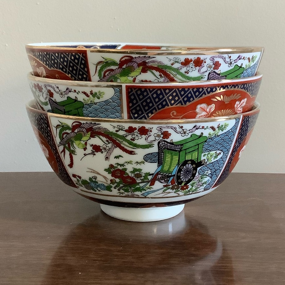3 Bowls Vintage Rickshaw Design Red and Green Ceramic Art